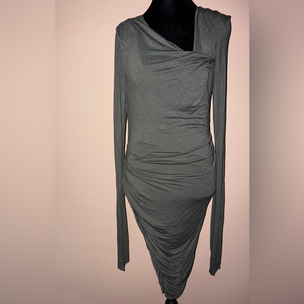 VENUS Asymmetrical Olive Long Sleeve Ruched Dress